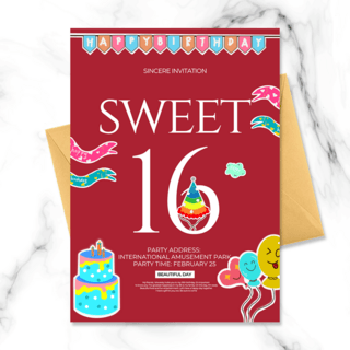 sweet海报模板_深红色背景创意生日派对邀请函