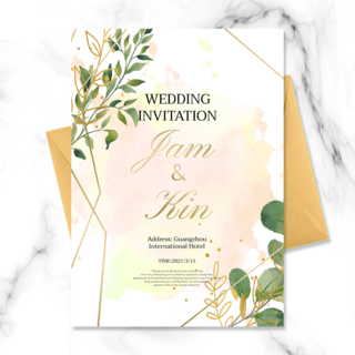 水墨背景时尚创意绿色植物金色线条婚礼邀请函
