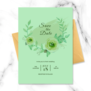 绿色时尚花卉海报模板_时尚绿色花卉水彩晕染结婚邀请函