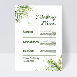 花线稿海报模板_白色简约素雅绿色植物婚礼菜单