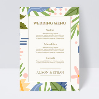 线条菜单海报模板_白色绿色边框简约植物线条婚礼菜单