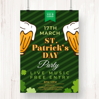 绿色条纹海报模板_条纹圣帕特里克节啤酒海报