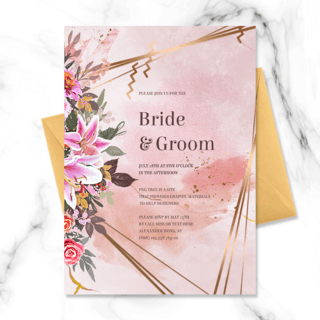 花卉金色边框海报模板_创意金粉色花卉几何边框婚礼邀请函