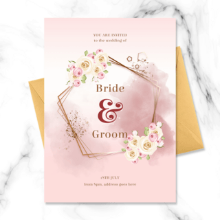 创意粉色边框海报模板_时尚创意金粉色花卉边框婚礼邀请函