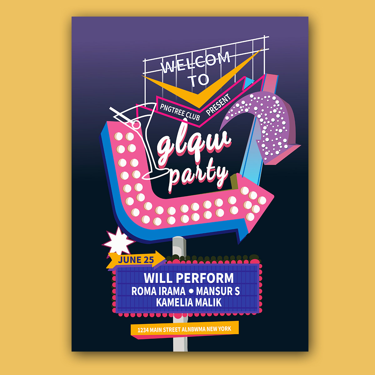 glow party neon sign flyer template图片