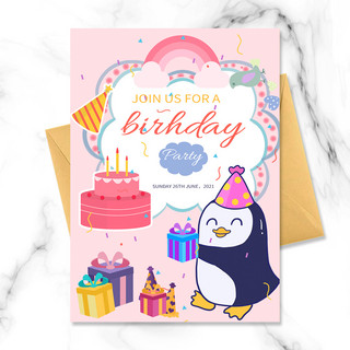 企鹅海报模板_卡通企鹅粉色可爱生日邀请函