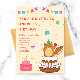 草莓蛋糕插画海报模板_可爱卡通趣味动物生日聚会邀请函