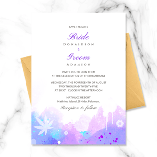 紫色水彩婚礼海报模板_抽象水彩紫色时尚婚礼邀请函