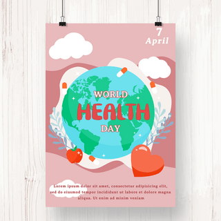 地球爱心海报模板_4月7日世界卫生日地球云朵宣传海报