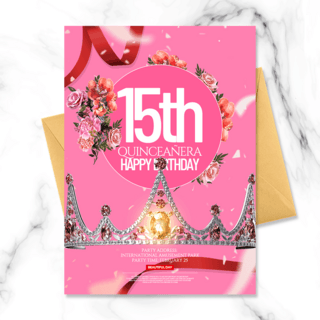粉色时尚精致创意15岁女孩生日邀请函