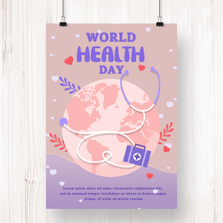 世界卫生日粉色地球听诊器宣传海报