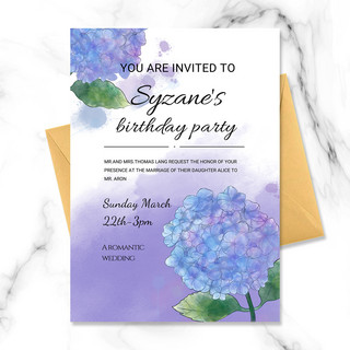 紫色水墨晕染水彩风格生日聚会邀请函