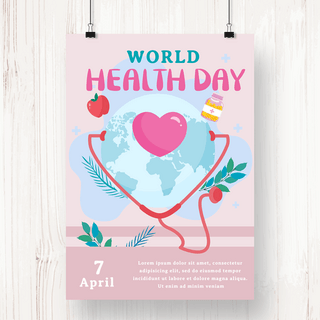 地球爱心海报模板_4月7日世界卫生日地球听诊器粉色宣传海报