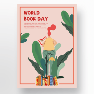 世界读书日插画海报模板_植物人物插画世界读书日