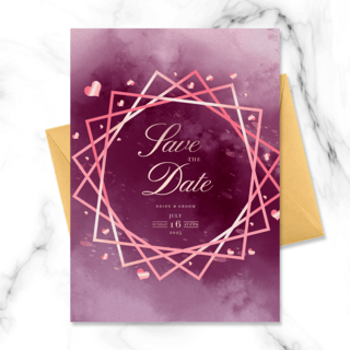 水彩紫色晕染海报模板_紫色高端水彩晕染玫瑰金婚礼邀请函