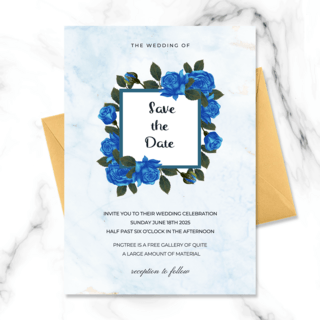 蓝色框架海报模板_时尚大理石底纹蓝色玫瑰花卉框架婚礼邀请函