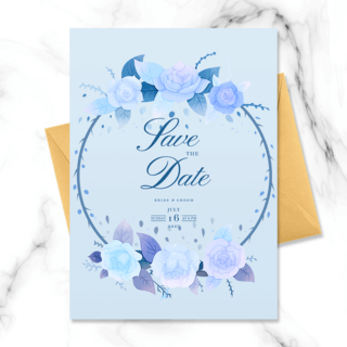 简约时尚美丽蓝色玫瑰花卉框架婚礼邀请函