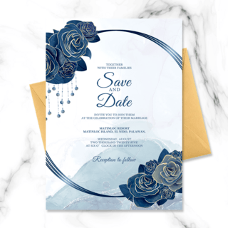 时尚现代高端蓝色玫瑰花卉框架婚礼邀请函