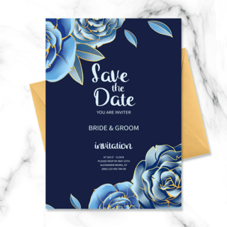 深色高端精美蓝色玫瑰花卉框架婚礼邀请函