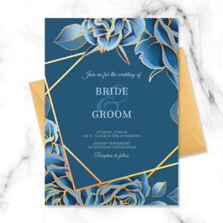 蓝色框架海报模板_高端创意蓝色玫瑰花卉框架婚礼邀请函