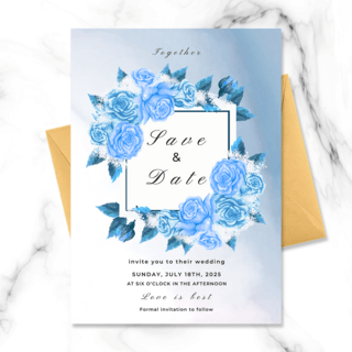 创意水彩蓝色玫瑰花卉框架婚礼邀请函
