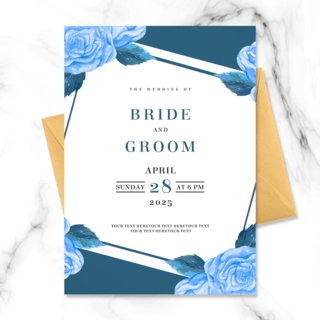 蓝色花卉边框海报模板_高端创意蓝色玫瑰花边框婚礼邀请函