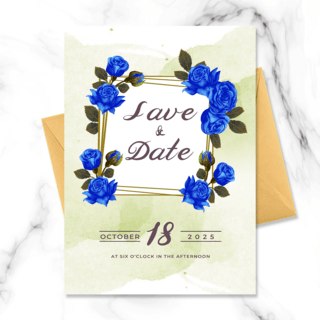 现代时尚创意蓝色玫瑰花边框婚礼邀请函