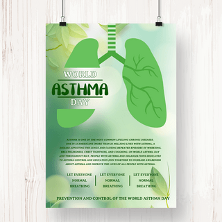 世界哮喘日绿色肺部树叶背景宣传海报