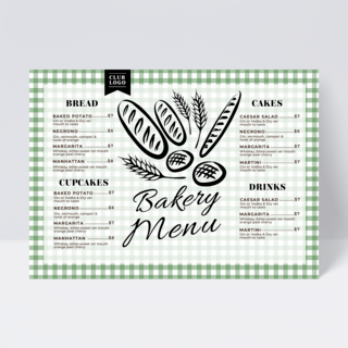 美食线稿海报模板_绿色格子烘焙线稿风格餐厅菜单