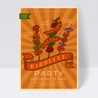 复古海报庆祝海报模板_橘色复古海报风格烧烤派对传单