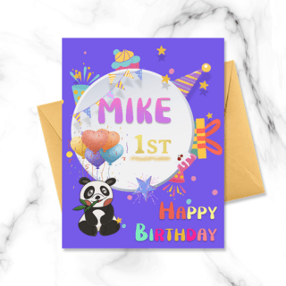 卡通熊猫海报模板_可爱卡通熊猫蛋糕礼帽边框紫色生日贺卡