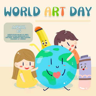 儿童创造海报模板_世界艺术日卡通地球儿童画笔颜料媒体社交模板