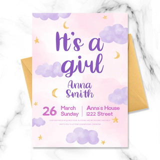 粉紫色梦幻海报模板_粉紫色梦幻浪漫可爱婴儿洗礼邀请函