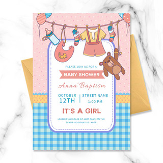 粉色格子海报模板_格子创意可爱简约婴儿洗礼邀请函