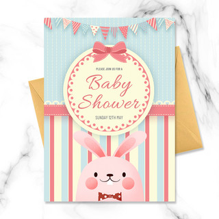 婴儿邀请卡海报模板_卡通可爱粉色兔子婴儿洗礼邀请函