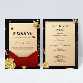婚礼黑金海报模板_黑金植物双面婚礼菜单