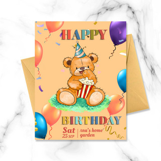 生日彩色气球海报模板_棕黄色泰迪熊生日贺卡