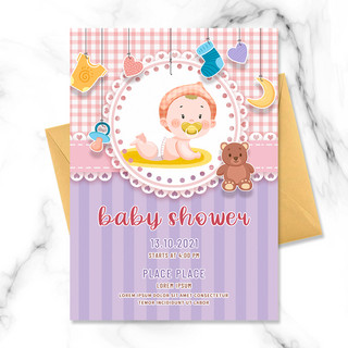 紫色小熊海报模板_粉红格子创意可爱婴儿洗礼邀请函