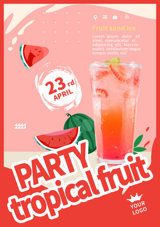 热带植物水果海报模板_红色西瓜饮料水果聚会模板