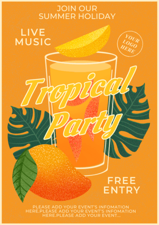 热带芒果海报模板_黄色芒果饮料热带夏季派对传单