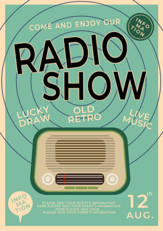 电台活动海报模板_蓝绿色收音机复古风格广播节目海报