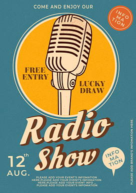 蓝黄话筒复古风格广播节目海报
