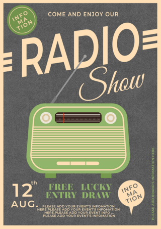 收音机海报模板_灰色绿色收音机复古风格广播节目海报
