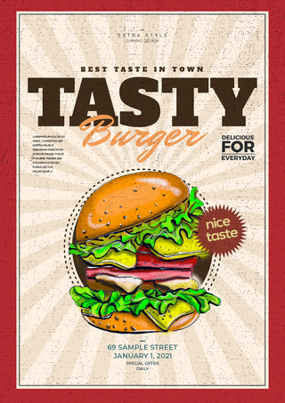 汉堡宣传海报模板_简约复古色彩汉堡快餐海报