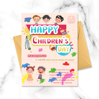 儿童节可爱男孩女孩颜料块粉色底卡通贺卡