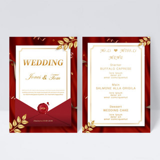 婚礼菜单边框海报模板_金色红色植物双面婚礼菜单