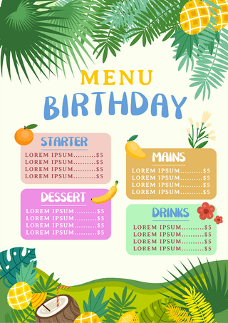 菜单儿童海报模板_绿色卡通热带植物椰汁水果儿童生日菜单