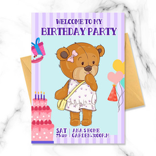 蛋糕小熊海报模板_浅紫色小熊生日邀请函