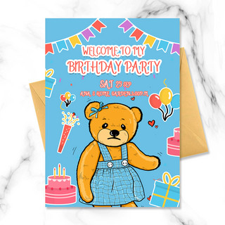 生日派对可爱海报模板_蓝色棕熊生日派对邀请函