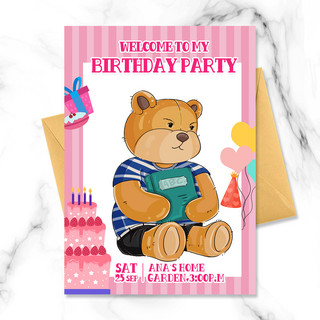 生日彩色气球海报模板_粉色卡通泰迪熊生日邀请函